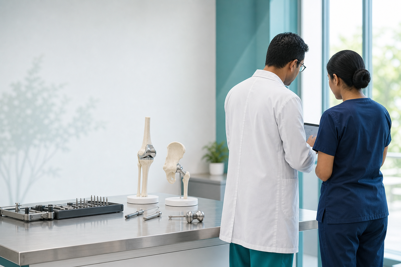 Indian orthopaedic surgeon and operating-theatre nurse viewed from behind while reviewing a case on a tablet in a hospital setting