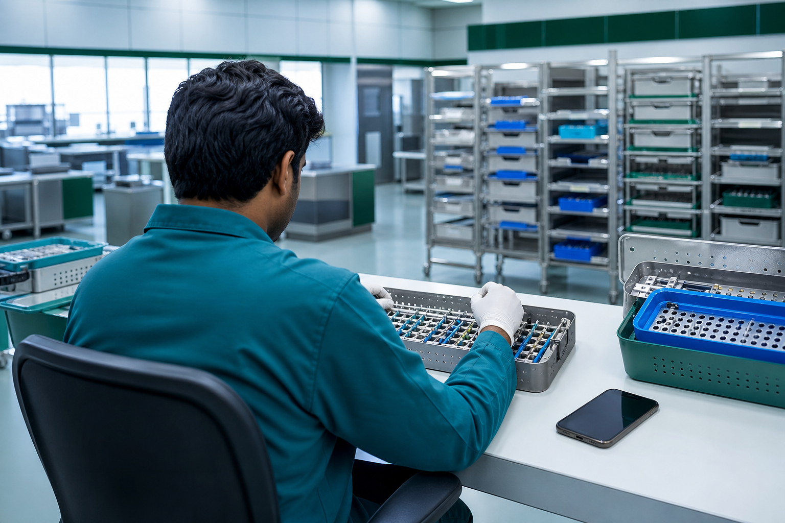 Indian operations employee assembling orthopaedic pedicle screws in an airy, bright facility with instrument racks