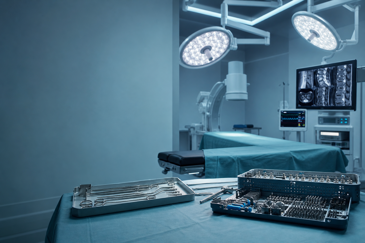 Concept image of a prepared operating theatre and organized surgical instruments