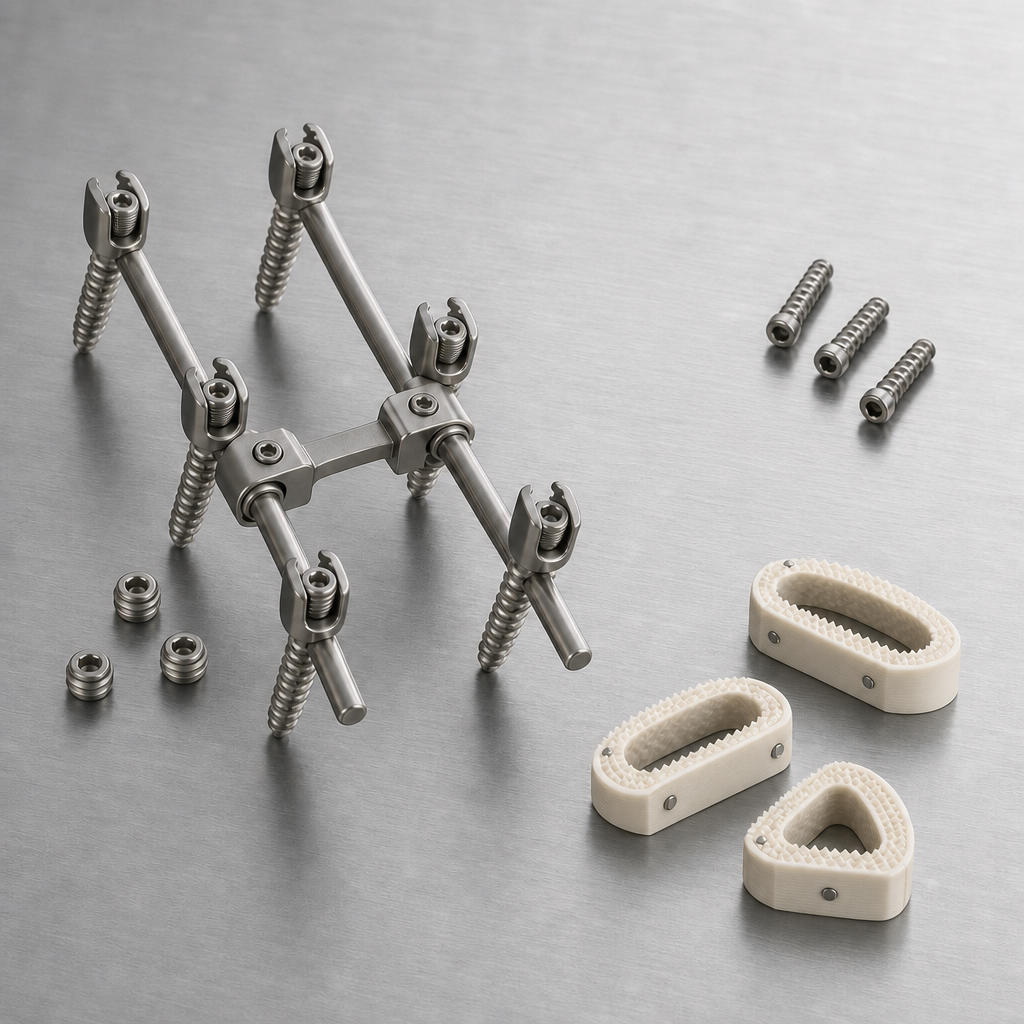 Illustrative concept image of generic spine pedicle screws with rods, closure screws, crosslink connector and whitish PEEK cages