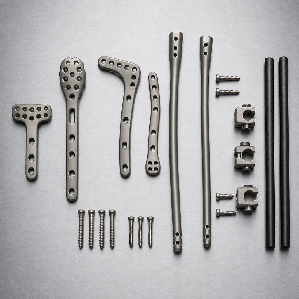 Illustrative concept image of generic trauma plates, screws, intramedullary nails, external-fixation components and instruments